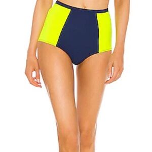 EUC XS Flagpole NYC Electra Bikini Bottom Neon Yellow Navy Blue Retro High Waist